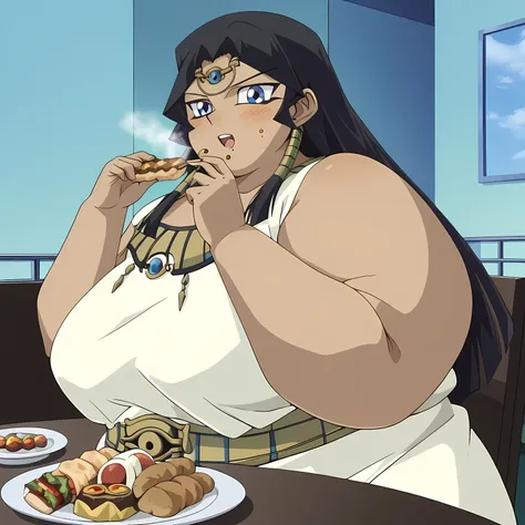 masterpiece,best quality,{{detailed beautiful face and eyes}}, very detailed background, 1 girl, solo,
Ishizu Ishtar,dark skin,long hair,black hair,egyptian,parted bangs,blue eyes,medium breasts,
1girl,(is embarrassing,big blush, Egyptian dress, eating foo...