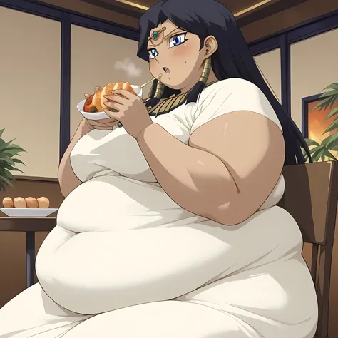 masterpiece,best quality,{{detailed beautiful face and eyes}}, very detailed background, 1 girl, solo,
Ishizu Ishtar,dark skin,long hair,black hair,egyptian,parted bangs,blue eyes,medium breasts,
1girl,(is embarrassing,big blush, Egyptian dress, eating foo...
