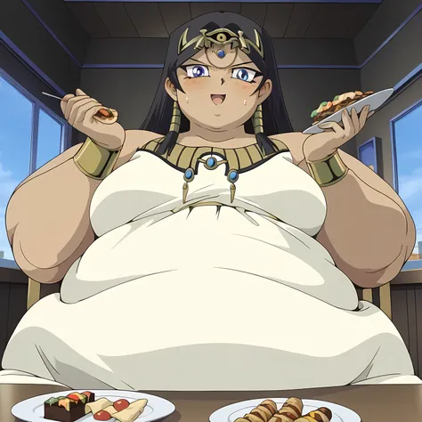 masterpiece,best quality,{{detailed beautiful face and eyes}}, very detailed background, 1 girl, solo,
Ishizu Ishtar,dark skin,long hair,black hair,egyptian,parted bangs,blue eyes,medium breasts,
1girl,(is embarrassing,big blush, Egyptian dress, eating foo...