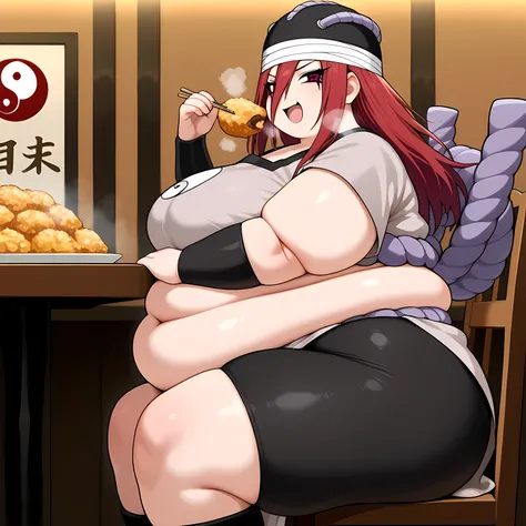 masterpiece, best quality, crsdrrm, red hair,  long bangs, hair between eyes, long hair, black eyeliner, brown eyes,  black hat, bandaged head, grey tunic, shimenawa, bracer, bike shorts,  short sleeves, hat ornament,  yin yang print,  1girl, solo, indoor,...