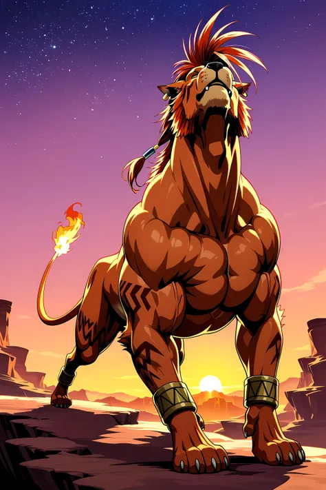 nanaki, red xiii, ((very muscular feral)), (feral), male, solo, dog, paws, cel shaded, ((muscular, pectorals, buff)), (big body), (muscular forelegs, muscular hindlegs, muscular legs), simple background, low-angle shot, posing on boulders, sunset backgroun...