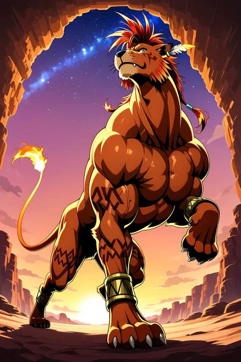 nanaki, red xiii, ((very muscular feral)), (feral), male, solo, dog, paws, cel shaded, ((muscular, pectorals, buff)), (big body), (muscular forelegs, muscular hindlegs, muscular legs), simple background, low-angle shot, posing on boulders, sunset backgroun...