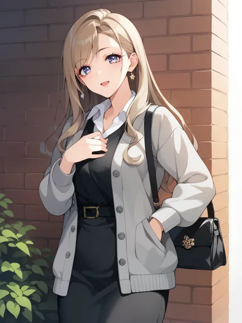 score_9, score_8_up, score_7_up, score_6_up, Source_Anime, nsfw，Indoor、 Beautiful Japanese woman standing against a brightly colored brick wall .  she says 長い間, wavy light brown hair ,  There is a model  ,  Large gray cardigan with large buttons .  she say...