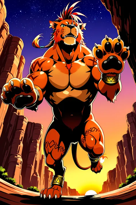 nanaki, red xiii, ((very muscular feral)), (feral), male, solo, dog, paws, cel shaded, ((muscular, pectorals, buff)), (big body), simple background, low-angle shot, from below, posing on boulders, sunset background, canyon, starry sky, (standing on hind le...
