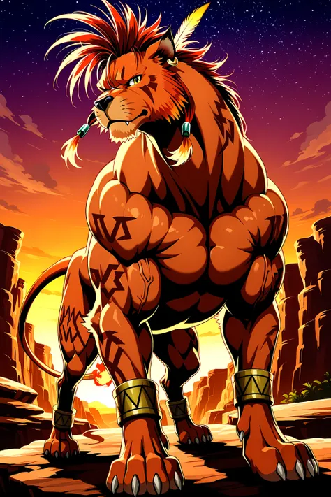 nanaki, red xiii, ((very muscular feral)), (feral), male, solo, dog, paws, cel shaded, ((muscular, pectorals, buff)), (big body), (muscular forelegs, muscular hindlegs, muscular legs), simple background, low-angle shot, posing on boulders, sunset backgroun...