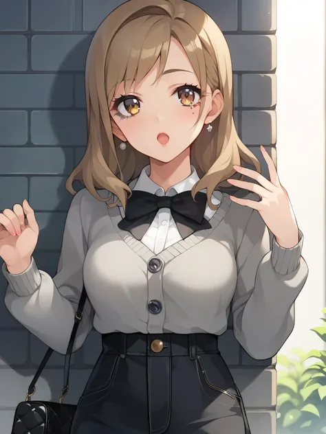 score_9, score_8_up, score_7_up, score_6_up, Source_Anime, nsfw，Indoor、 Beautiful Japanese woman standing against a brightly colored brick wall .  she says 長い間, wavy light brown hair ,  There is a model  ,  Large gray cardigan with large buttons .  she say...