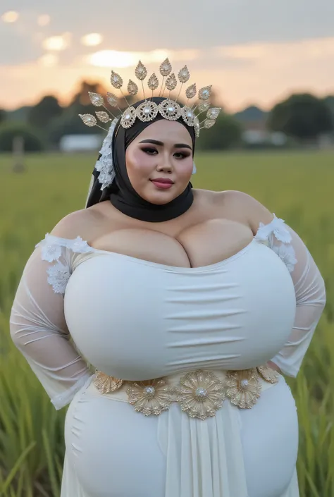 SSBBW PLUMP, (Wearing black hijab perfectly), Wearing white cotton oversize Strapless Bra, ((wearing ruffle white translucent Kain Batik Sarong split side)),  view from the front,  both hands lying behind back, background rice paddy. twilight is night atmo...