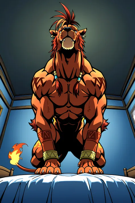 nanaki, red xiii, (very muscular feral), (feral), male, solo, dog, paws, cel shaded, (muscular, pectorals, buff), simple background, low-angle shot, from below, posing on bed, dim room, indoors, looking at viewer, looming above viewer, long neck, muscular ...