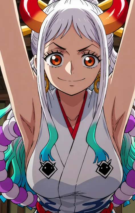 masterpiece, best quality, amazing quality, anime screencap, anime coloring, 1girl, solo, yamato, long hair, ponytail, multicolored hair, white hair, aqua hair, orange eyes, medium breasts, earrings, horns, colored horns, hair stick, japanese clothes, hair...