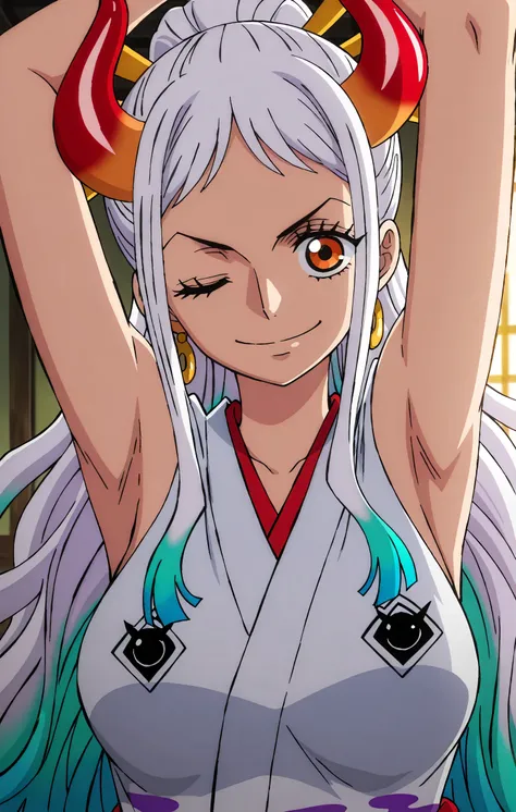 masterpiece, best quality, amazing quality, anime screencap, anime coloring, 1girl, solo, yamato, long hair, ponytail, multicolored hair, white hair, aqua hair, orange eyes, medium breasts, earrings, horns, colored horns, hair stick, japanese clothes, hair...