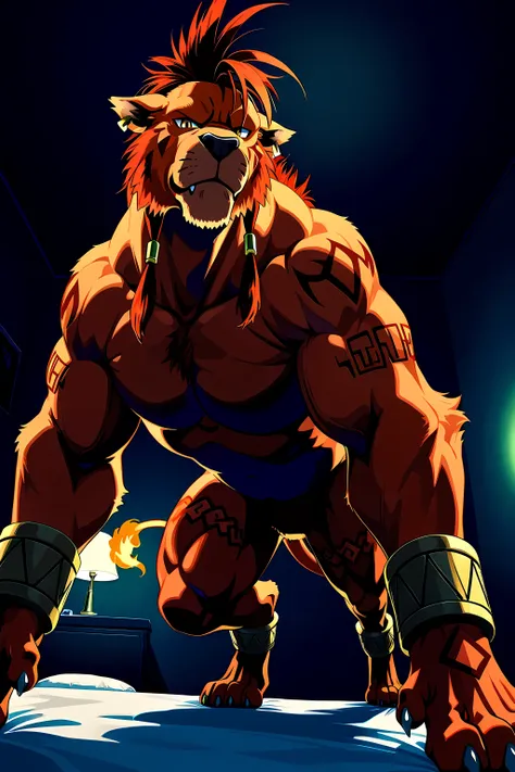 nanaki, red xiii, (very muscular feral), (feral), male, solo, dog, paws, cel shaded, (muscular, pectorals, buff), dark background, dim room, intense shading, glow, (low-angle shot, from below), posing on bed, dim room, indoors, looking at viewer, looming a...