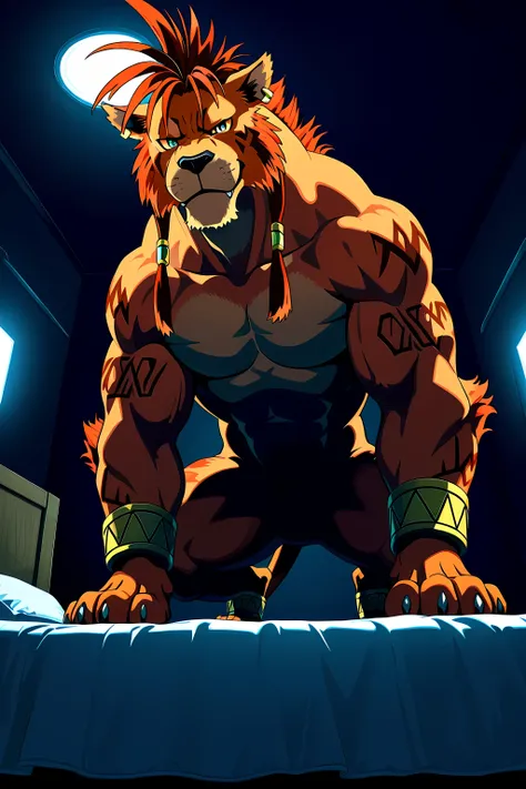 nanaki, red xiii, (very muscular feral), (feral), male, solo, dog, paws, cel shaded, (muscular, pectorals, buff), dark background, dim room, intense shading, glow, (low-angle shot, from below), posing on bed, dim room, indoors, looking at viewer, looming a...