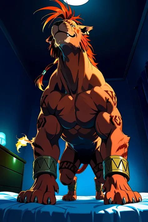 nanaki, red xiii, (very muscular feral), (feral), male, solo, dog, paws, cel shaded, (muscular, pectorals, buff), dark background, dim room, intense shading, glow, (low-angle shot, from below), posing on bed, dim room, indoors, looking at viewer, looming a...