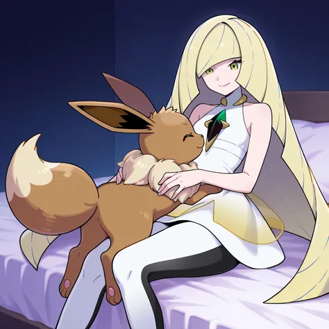 masterpiece, best quality, amazing quality, on bed, 1girl, lusamine (pokemon) green eyes, blonde hair, very long hair, hair covering one eye, white dress, sleeveless dress, gradient dress, jewelry, gem, necklace, white leggings, two-tone leggins, high heel...