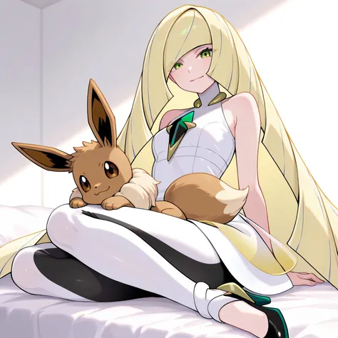 masterpiece, best quality, amazing quality, on bed, 1girl, lusamine (pokemon) green eyes, 2pokemon, blonde hair, very long hair, hair covering one eye, white dress, sleeveless dress, gradient dress, jewelry, gem, necklace, white leggings, two-tone leggins,...