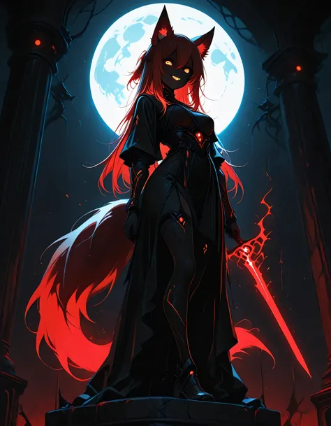 ,hauntedglow, glowing eyes,ethereal_glowing, neon_trim, shadow, backlighting, 1 woman , golden eyes , very long hair , long sidelocks, red hair ,half updo, petite , very cute , beautiful ,Straight hair, cool, handsome, hair between eyes, sexy, medium breas...