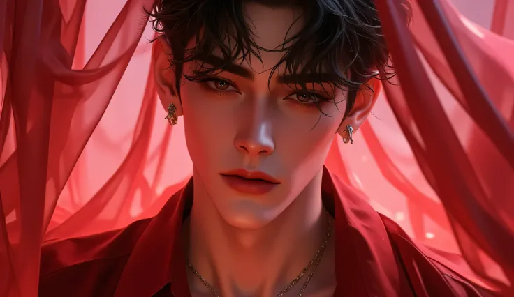 "Stunning hyperrealistic digital painting of a handsome androgynous young man with luminous pale skin, soft features, and tousled, wavy dark brown hair. He gazes intensely with a slightly open mouth and sensual expression, wearing a semi-transparent red sh...