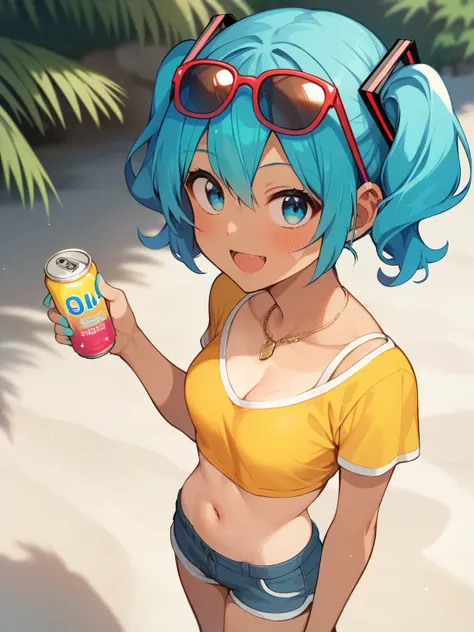 score_9, score_8_up, score_7_up, score_6_up, score_5_up, score_4_up, Source_Anime,nsfw， standing while touching her chest on the beach 、the cheerful and vibrant Brazilian Hatsune Miku version，Short Height，skinny，Petite， two light blue twin tails on her lon...