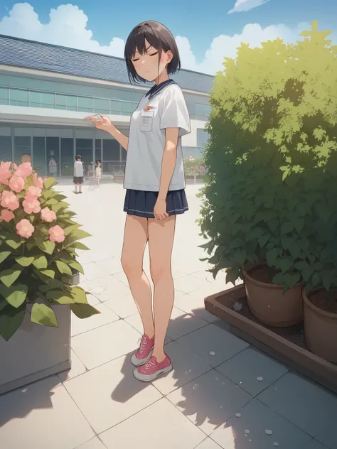 score_9, score_8_up, score_7_up, score_6_up, score_5_up, score_4_up, Source_Anime,nsfw，girls，Short Height，Petite，skinny，thin hands and feet，small breasts，with bangs，elementary school student，young ，anger，hair length is bob，photoshoot，garden，work， ugly lens...