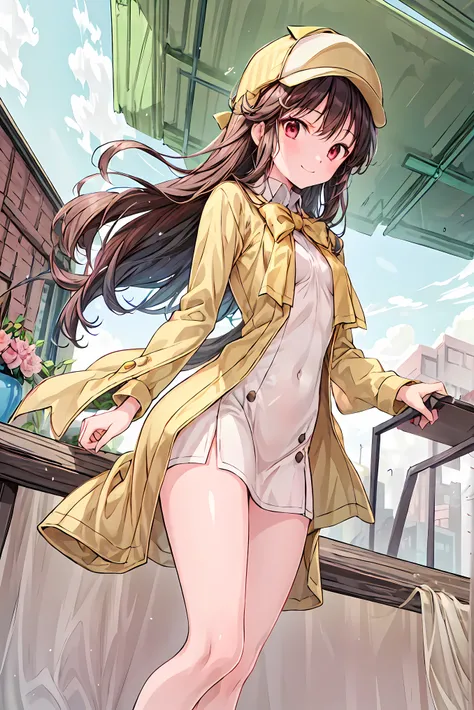 masterpiece,best quality,1 girl,Alone,outdoor,viewers,smile,ãã©ã¹ ,bangs,null,blue null,cloud,medium chest, o, white hair,red eyes,cross your arms around your back,Simple Clothes ,long hair, Hair，shortcuts，unkempt hair，Short braided hair，Neat， slender beau...