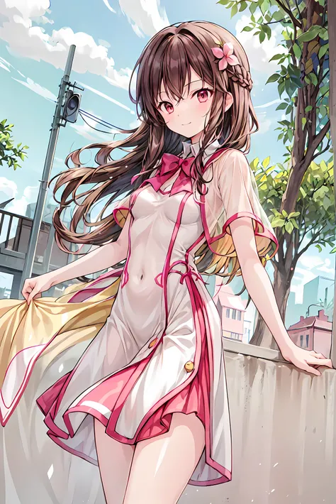 masterpiece,best quality,1 girl,Alone,outdoor,viewers,smile,ãã©ã¹ ,bangs,null,blue null,cloud,medium chest, o, white hair,red eyes,cross your arms around your back,Simple Clothes ,long hair, Hair，shortcuts，unkempt hair，Short braided hair，Neat， slender beau...