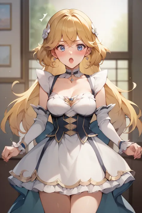 score_9,score_8_superior,score_7_superior, Gwendoline_Tennyson,1 girl,Inside Alone,depth of field, surprised , blush, In , beautiful ,Medium-sized breasts were discovered, tattered clothes, provocative pose, Pretty Cure style,