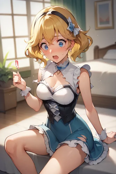 score_9,score_8_superior,score_7_superior, Gwendoline_Tennyson,1 girl,Inside Alone,depth of field, surprised , blush, In , beautiful ,Medium-sized breasts were discovered, tattered clothes, provocative pose, Pretty Cure style,