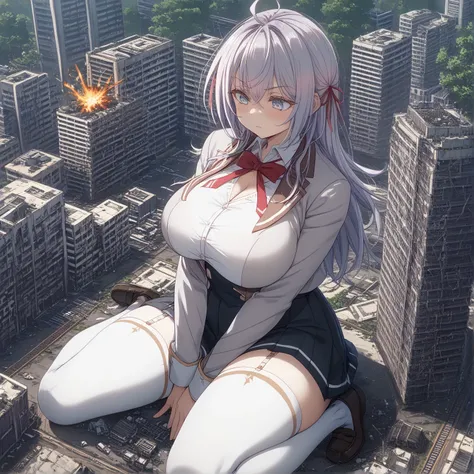 Female Giant(1,000,000 kilometers long)、 、press your chest against the city、Destruction、Destruction、Erotic expressions、Expose your chest、  Valley Emphasis、徹底的に街をDestruction、The building collapsed 、masterpiece、Highest Quality、uncensored、((((Big Breasts))))、...