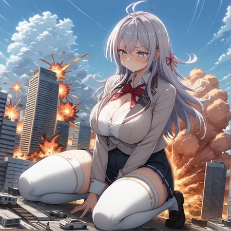 Female Giant、(1,000,000 kilometers long)、 、press your chest against the city、Destruction、Destruction、Erotic expressions、Expose your chest、  Valley Emphasis、徹底的に街をDestruction、The building collapsed 、masterpiece、Highest Quality、uncensored、((((Big Breasts))))...