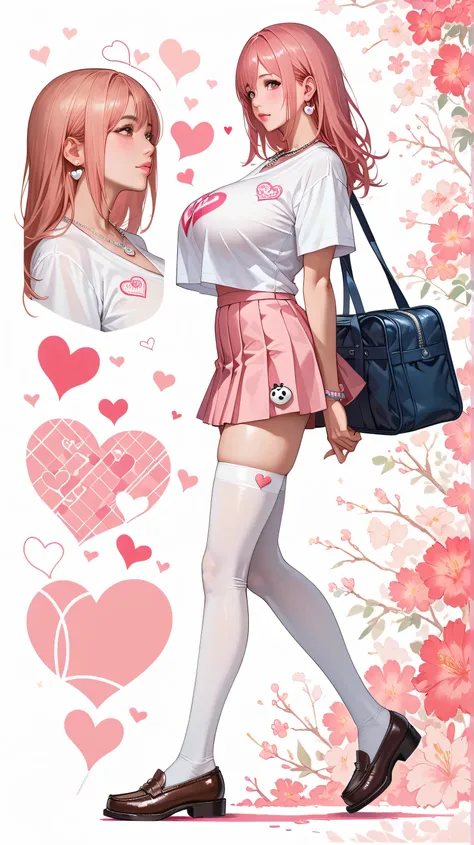 Japanese beautiful girl,   huge breasts, cowboy, full body, 乳沟，低胸, ,earrings, necklace, close up
 , many little hearts,  colorful background, pink hair, honoka , 
  walking, long legs,  side view, Loafers, thigh-high stockings, ultra-mini skirt, tight shir...