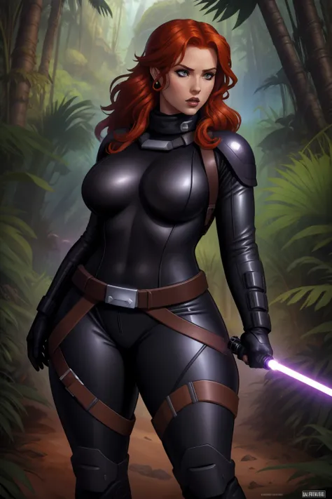 Star Wars based environment, Mara Jade, is depicted wearing her sleek, tight black leather suit. holds her purple light saber, her intense piercing eyes convey a mix of determination and alertness. Background: Outdoors, jungle planet landscape, red hair, M...