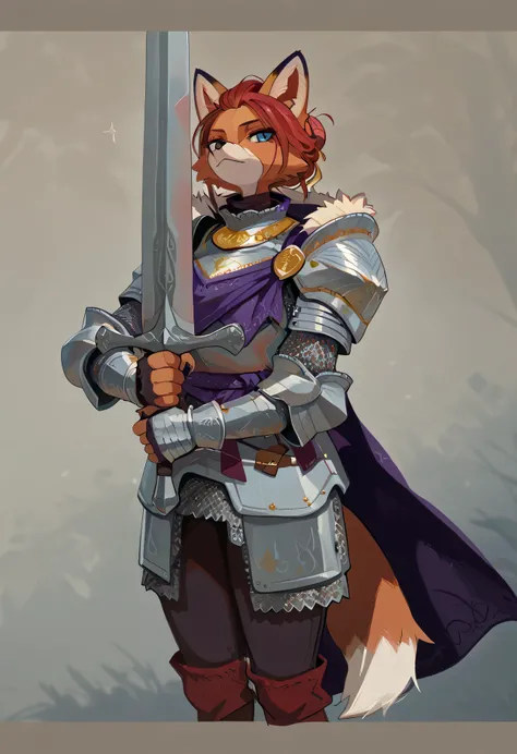female Anthro red fox, brown-red fur, white tipped tail, pale blue eyes, brown-red hair styled in a chignon bun, fox ears on the top of her head (white fur tuffs), wearing high-class medieval armor: chainmail undershirt, arm bracers with lion claw design, ...