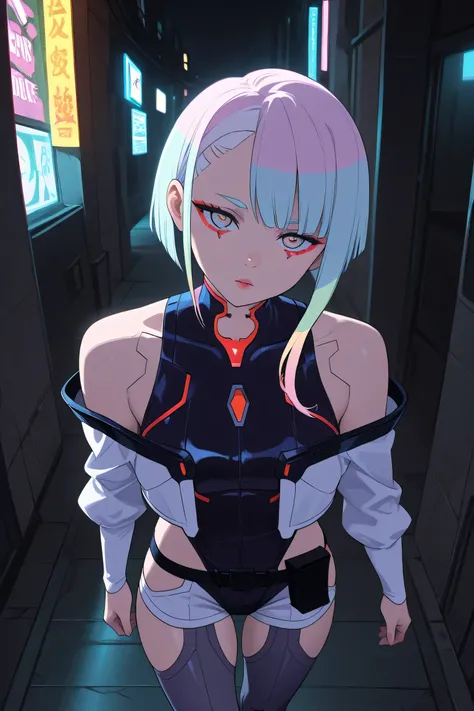 Lucy Cyberpunk ,1girl, head tilt, confident, standing, walking straight, looking at viewer, viewer's perspective, masterpiece, best quality, dark background, view fro middle