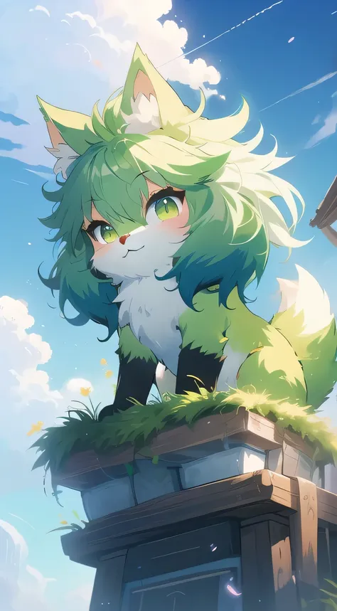 Create a secret partner！draw a mysterious friend that exists in an imaginary world　A fluffy green Ghibli-like fantasy cat-shaped creature　They're talking to me from the top of the roof　bigger　 has a magical aura 
