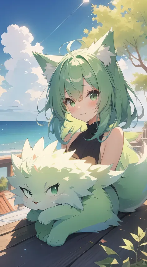 Create a secret partner！draw a mysterious friend that exists in an imaginary world　A fluffy green Ghibli-like fantasy cat-shaped creature　They're talking to me from the top of the roof　　A female wearing a magical aura　