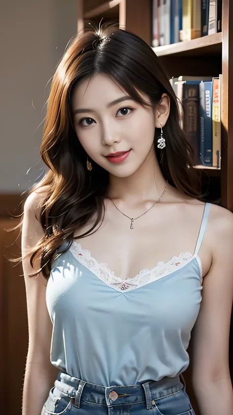 Korean woman wearing blue top and jeans, 20 year old woman, wavy hair (((seductive camisole))), earrings thin necklace big Sensual Body Kameyama cute charming smile At the library