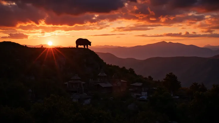 An atmospheric wide shot of a small, primitive human settlement (a few simple huts made of wood and animal hide) nestled in a valley at sunset. In the far distance, on a high ridge overlooking the settlement, stands the massive, dark silhouette of a giant ...