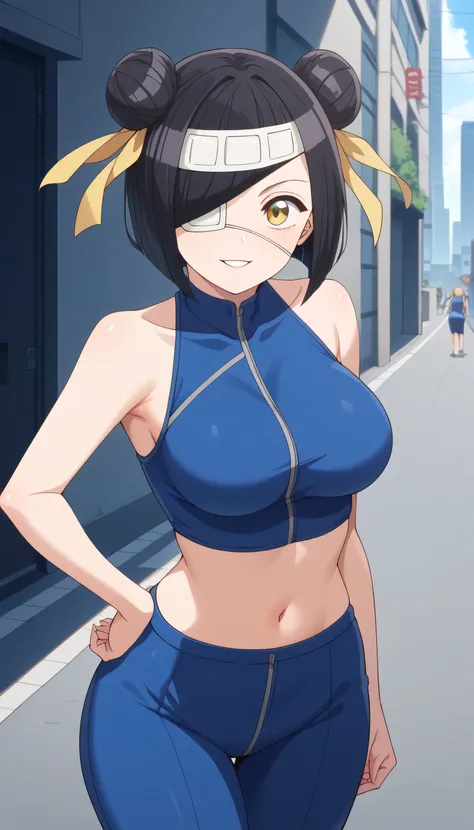 score_9, score_8_up, score_7_up, score_6_up,   source  _cartoon, BREAK masterpiece. Omoharu Nakanaka  , short hair, black hair, yellow eyes, eyepatch, eyepatch in left eye, double bun, yellow ribbon, blue bodysuit,   crop top, sleeveless,   breasts  , hand...
