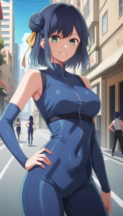 score_9, score_8_up, score_7_up, score_6_up, source_cartoon, BREAK masterpiece. akane kurokawa, bangs, green eyes, blue hair, medium hair, dark blue hair, double bun, yellow ribbon, blue bodysuit, crop top, sleeveless, breasts, hand on own hip, street, cit...