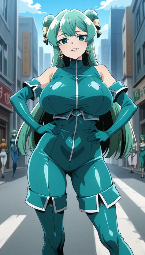 score_9, score_8_up, score_7_up, score_6_up, source_cartoon, BREAK masterpiece. mahou shoujo ni akogarete magiaazul, green_hair,long_hair , swept bangs , half updo , glossy lip, earrings, huge breast, thicc thigh, double bun, yellow ribbon, blue bodysuit, ...
