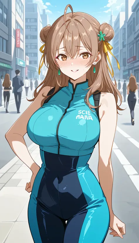 score_9, score_8_up, score_7_up, score_6_up,   source  _cartoon, BREAK masterpiece. maria mikhailovna kujou, long hair, bangs, brown hair, Hair ornament, hair between eyes, brown eyes, Ahoge, large   breasts  , earrings, makeup, Embarrassed face, double bu...
