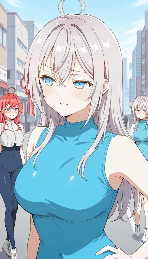 score_9, score_8_up, score_7_up, score_6_up, source_cartoon, BREAK masterpiece.  alisa mikhailovna kujou (roshidere), long hair, silver hair, ahoge, crossed bangs, red hair ribbon, sidelocks, blue eyes, embarrassed face, double bun, blue bodysuit, crop top...
