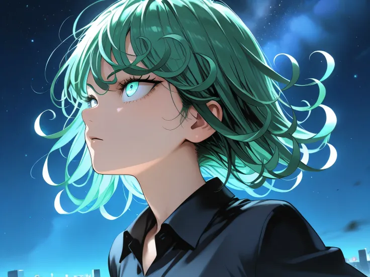 Tatsumaki walking at night in the center of Tokyo, with a pleasant starry night sky, running his hand through his hair looking up with a glow in his eyes.