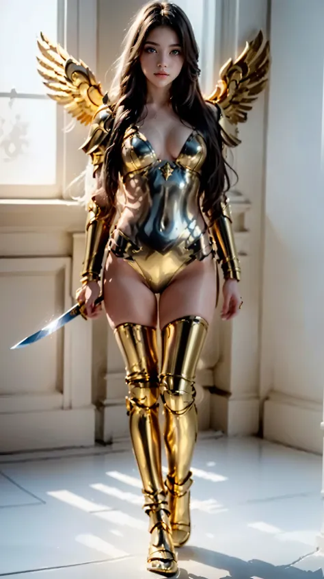  arafed woman in the Golden Armor with a sword, Angelic Golden Armor , angel knight girl,  Knights of the Zodiac, angel in plastic armor, wearing golden armor, garota de armadura, wearing golden armor, armadura dourada, golden armor, light Golden Armor , l...