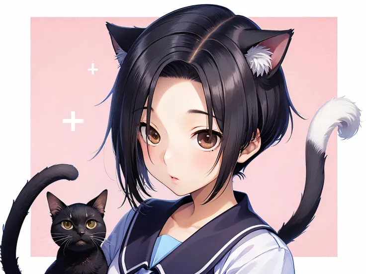 {{ masterpiece}}}, {{{ Highest Quality }}}, {{ details}},{{ very delicate and beautiful }},1 cute black cat from the left、真ん中に可愛い服を着た獣人黒猫の女の子1 person、Kobayakawa Rinko with black hair and bob cut with cat ears and tail on the right(kobayakawa rinko)1 person...