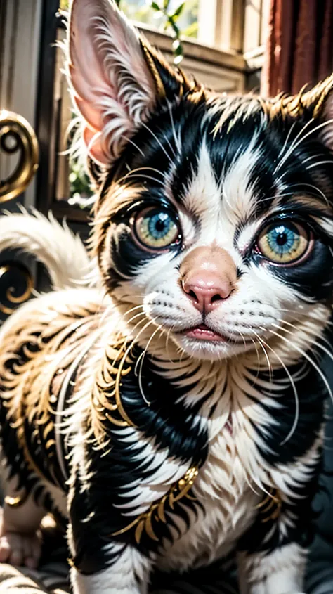 "A cute pet undergoes a fantastic evolution. It transforms into a vibrant and unique shape, resembling a creature from a fantasy world. Grande, olhos expressivos, , and a magical glow around you, displaying its new abilities and mystical essence. bela, Per...