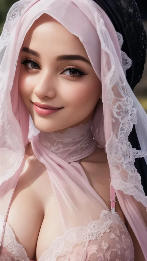  Long black Hijab, hijabi thin, smiling, princess pink lingerie attire, cute, beautiful , cute, hijabi, , princess cosplay,  (large breasts) push up bra,  g-string, pink underwear,  thong, narrow waist, woods background setting, wide hips (close up portrai...