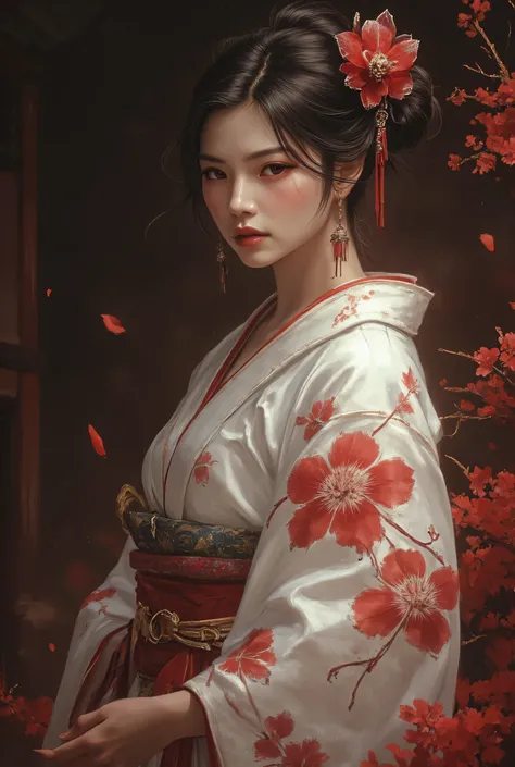 (1female, a young female, female with short windswept dark hair. innocent, beautiful face with an oriental Eastern-inspired charm. wear a traditional japanese kimono, white kimono with red flower pattern. Beautifully hand-crafted silk details, standing, dy...
