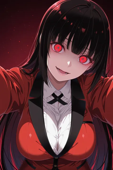 jabami yumeko ,1girl, head tilt, confident, yandere, red eyes, open mouth, playing with viewer, looking at viewer, viewer's perspective, slightly large breast, masterpiece, best quality
