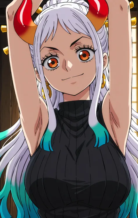 masterpiece, best quality, amazing quality, light source in front, anime screencap, anime coloring, 1girl, solo, yamato, long hair, ponytail, multicolored hair, white hair, aqua hair, orange eyes, medium breasts, earrings, horns, colored horns, hair stick,...